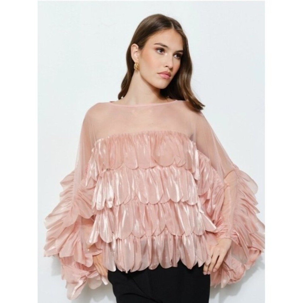 INA Mauve Ruffle Blouse Sheer Organza Scallop Layered Statement Top - Large